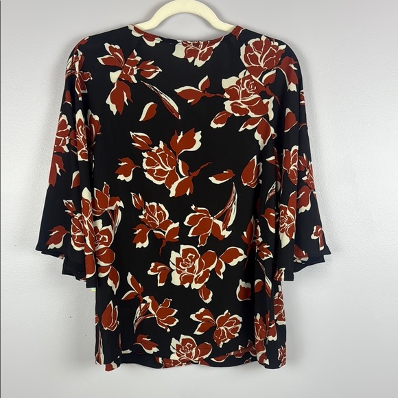 CeCe Floral Black and Orange 3/4 Flare Sleeve Tie Front Blouse - Picture 10 of 10